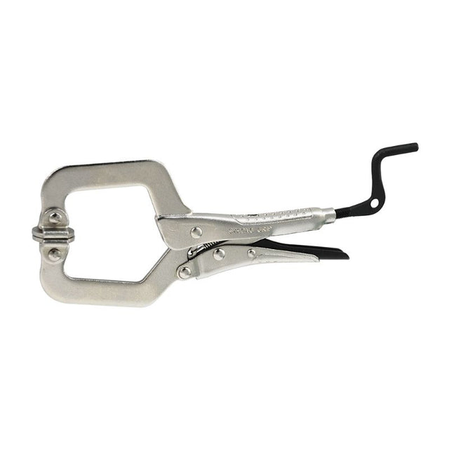 Stronghand plier with swivel pads and crank handle for precise gripping of uneven surfaces, 415mm length, 120mm opening.