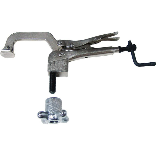 Stronghand Drill Press Clamp designed for precision clamping, with quick lock/release and max capacity of 85 mm.