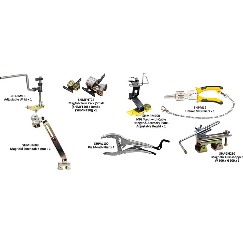 Stronghand Bonus 7 Pc Kit for Rhino Cart: Essential welding tools including ergonomic wrist rest and magnetic clamping solutions.