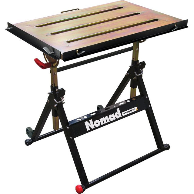 Stronghand Nomad Economy Welding Table showcasing adjustable height, portable design, and innovative clamp slots for versatile welding.