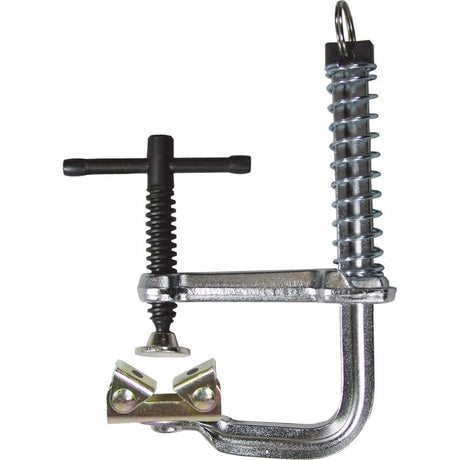 Stronghand MagSpring Clamp with 75mm capacity, 64mm throat depth, and quick-set V-Pad for one-handed clamping efficiency.