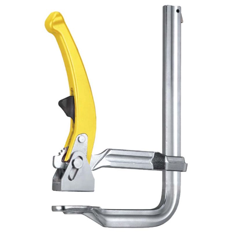 Stronghand Ratchet Action Utility Clamp showcasing robust design, quick-set mechanism, and high clamping capacity of 254 mm.