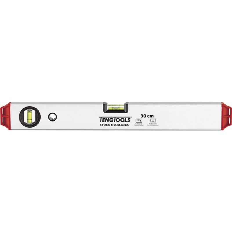 Lightweight 300mm aluminium spirit level with crush-proof vials, shock-absorbing ends, and high visibility for accurate readings.