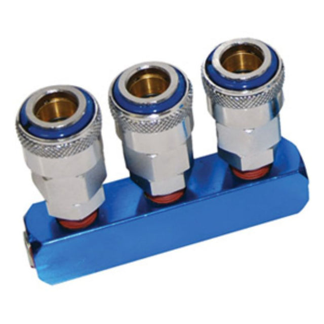 THB Manifold 3 Way Coupler: Efficiently splits one air outlet into three for simultaneous use of pneumatic tools.