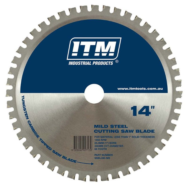 ITM 350mm TCT mild steel cutting blade with 66 teeth for precision cuts, max RPM 1450, ideal for professionals and DIY enthusiasts.