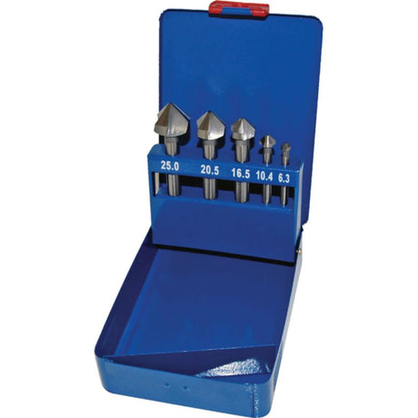 High-speed steel 6pc countersink set with 3-flute design, ideal for precise metal and woodwork applications, ranging 3-20.5mm.