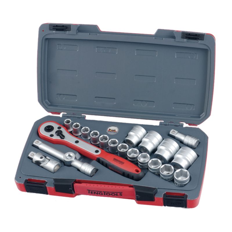 21-piece Teng 1/2in drive metric socket set with durable 6-point sockets, includes ratchet, extension bars, and hard case.