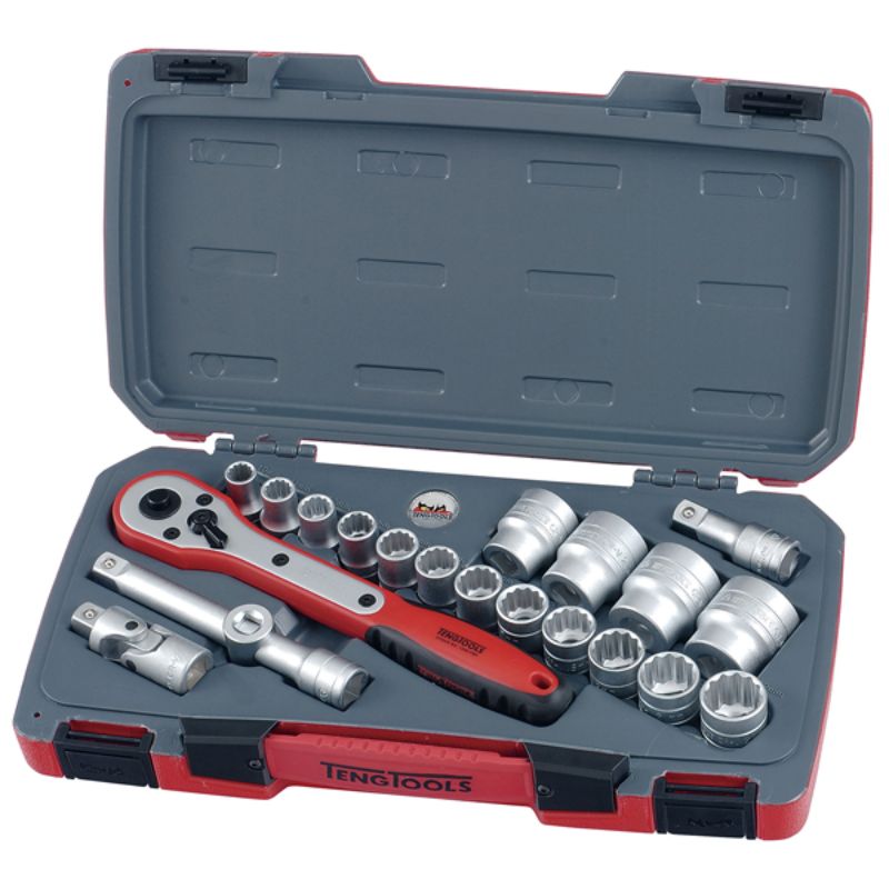 21-piece Teng socket set with sizes from 10mm to 32mm, includes ratchet, extension bars, and storage case for easy transport.