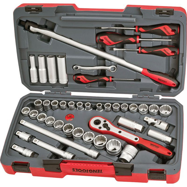 Teng 44pc 1/2in Dr. socket set featuring deep and regular metric sockets, ratchet, flexible handle, and spark plug tools in a portable case.