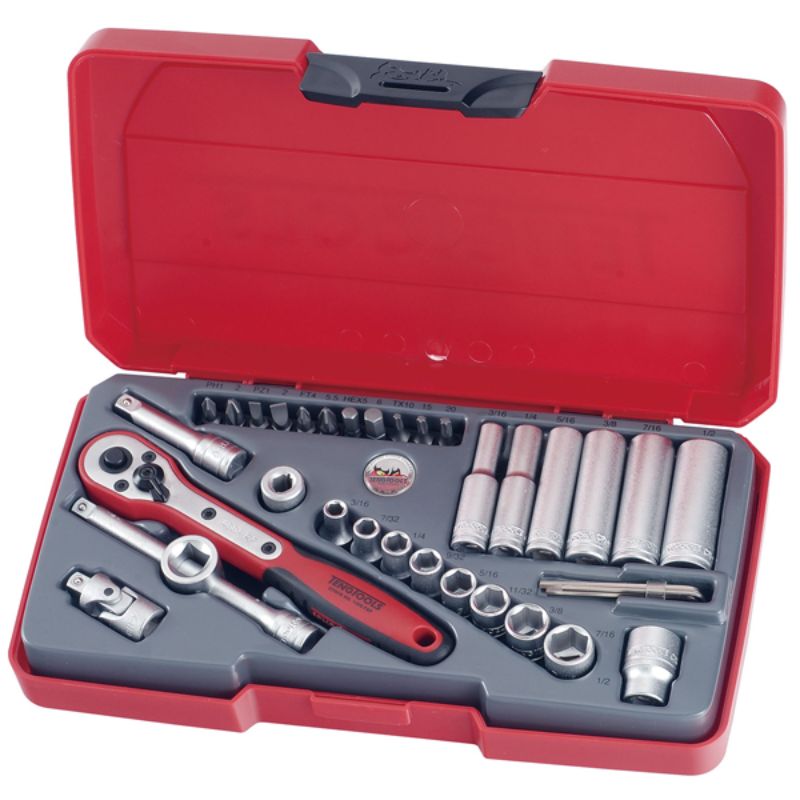 Comprehensive 35pc socket set with regular and deep AF sockets, ratchet, extensions, and bits, organized in a durable case.