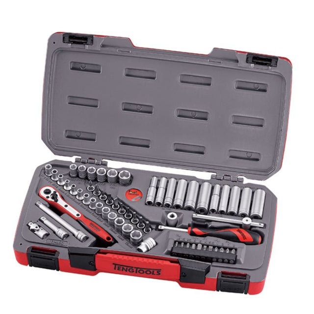 Teng 60pc socket set with 1/4in drive, featuring deep/regular metric/AF sockets and robust carrying case for mechanics.