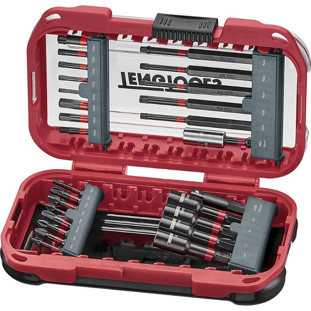 27-piece Teng Impact Bits Set in durable box with assorted bits, magnetic holders, and adapters for precision tasks.