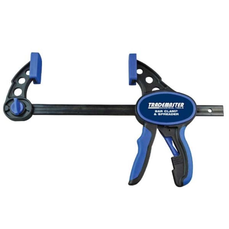 Trademaster Bar Clamp & Spreader 150mm: versatile tool for woodworking with 350mm capacity, rubber pads, and ergonomic handle.