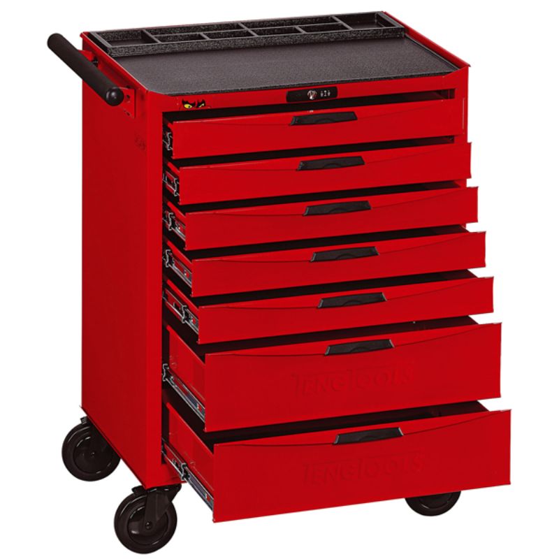 Red lacquered steel roller cabinet with 7 lockable drawers, ergonomic workbench top, and heavy-duty wheels for mobility.