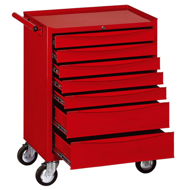 Teng 7-Dr. EV-Series Roller Cabinet in red, featuring 7 drawers with 20kg capacity, smooth slides, and secure lock for tool storage.