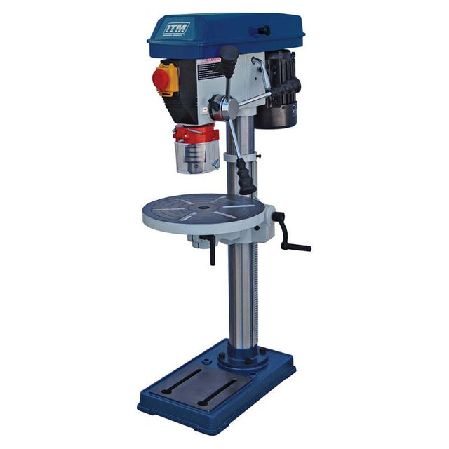 ITM Pedestal Bench Drill Press 2MT features 16mm capacity, 375W motor, 16 speeds, emergency stop, and sturdy build for woodworking.