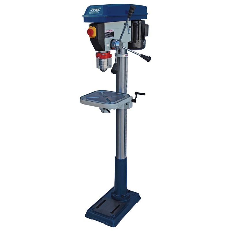 Trademaster Pedestal Floor Drill Press, 20mm capacity, 750W motor, 12 speeds, includes safety features and robust construction.