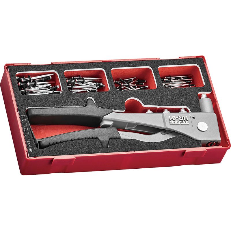 Teng 81pc Rivet Gun Set in organized TC tray with durable riveter, includes 80 black rivets, ideal for versatile applications.