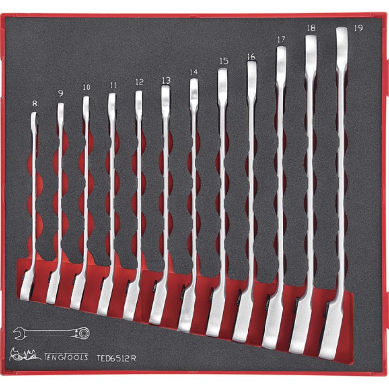 12-piece Teng ratchet spanner set in TC tray, featuring 8-19mm sizes, reversible action, and organized in stylish EVA foam.