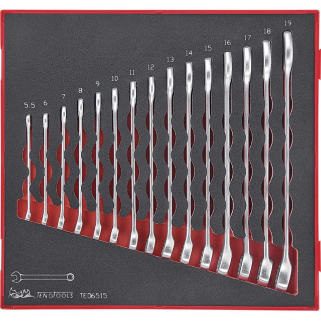 Teng 15pc Comb Spanner Set in TC tray, featuring Chrome Vanadium steel, 12-point design, and sizes 5.5-19mm for various tasks.