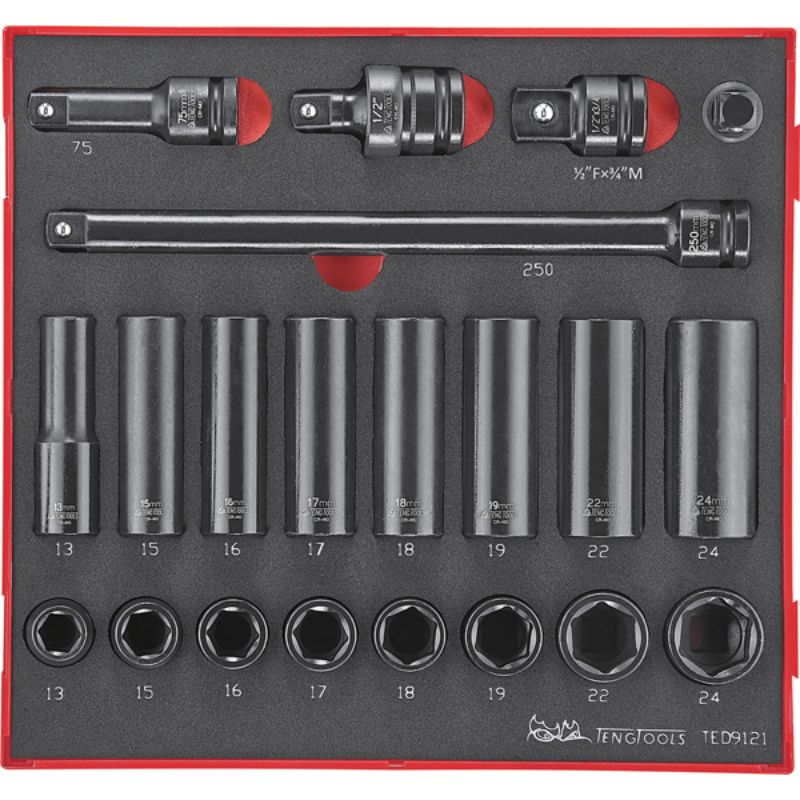 Teng 21pc impact socket set in TC tray, featuring durable sockets from 13mm to 24mm, ideal for mechanics and DIYers.