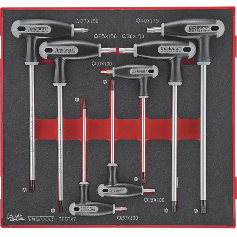 7-piece Teng Torx T-Handle Set in TC tray, featuring keys 10-40 for internal TX heads and tamper-proof designs.