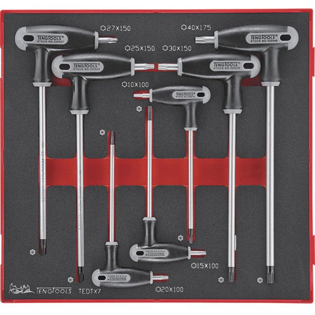 7-piece Teng Torx T-Handle Set in TC tray, featuring keys 10-40 for internal TX heads and tamper-proof designs.