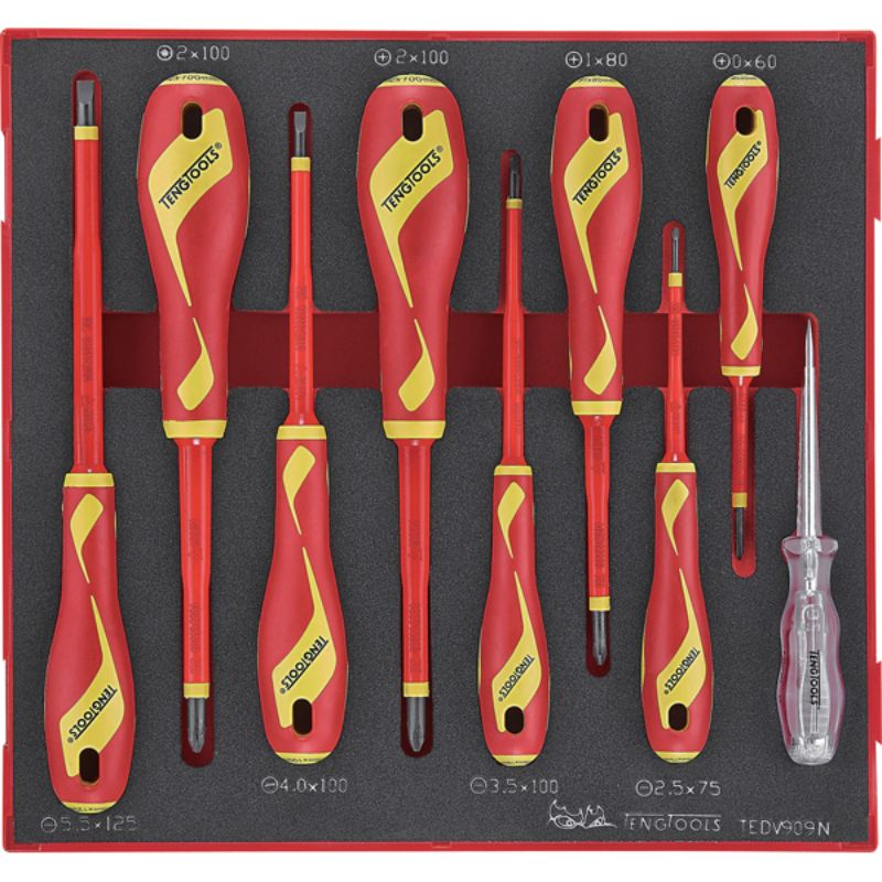 Teng 9pc MD 1000V VDE Screwdriver Set in tray, insulated for 1000V, includes various sizes and voltage tester, ideal for electricians.