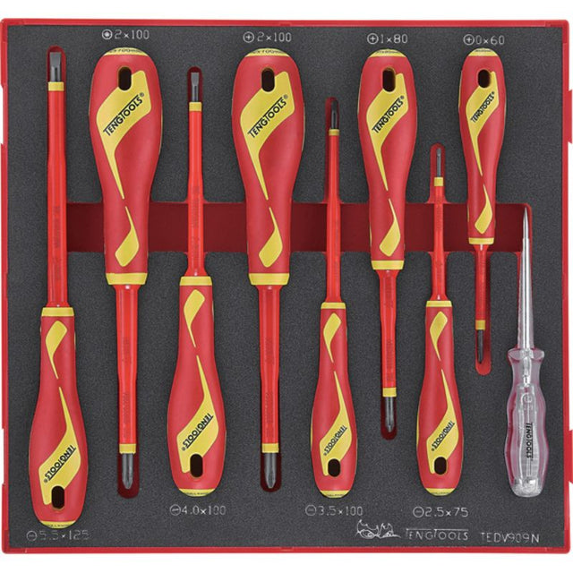 Teng 9pc MD 1000V VDE Screwdriver Set in tray, insulated for 1000V, includes various sizes and voltage tester, ideal for electricians.