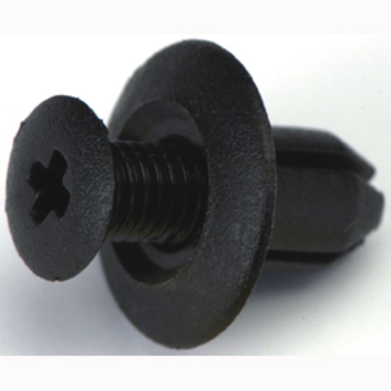 Durable black Champion scrivet clips, 17mm head and 10mm length, ideal for securing fixtures, 2-pack for versatility.