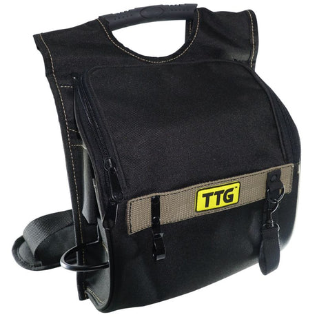 TTG 21-Pocket Electricians Tool Pouch featuring ergonomic design, zipped cover, and padded shoulder strap for tool organization.