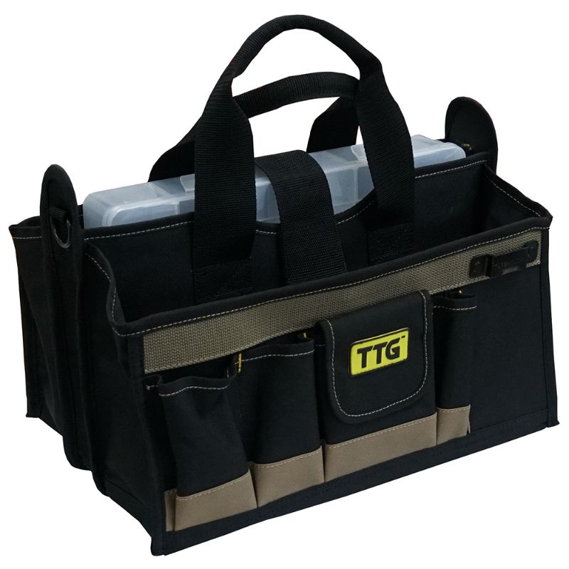 Durable 16in open-top tool bag with 17 pockets, multi-compartment tray, and padded straps for easy transport and organization.