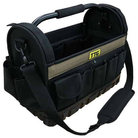 TTG 16in Open Top Tool Bag with waterproof base, 27 pockets, padded strap, and sturdy handle for optimal tool organization.