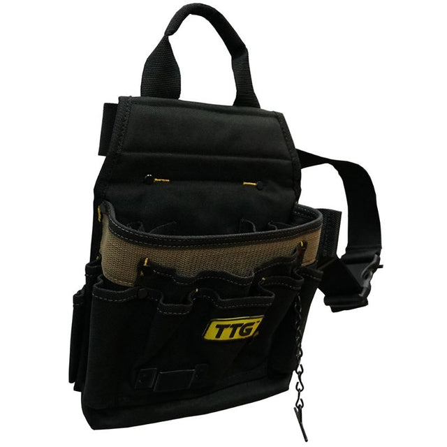 TTG Electricians Tool Pouch with 12 pockets, screwdriver holders, and reinforced base, made from durable ballistic poly fabric.