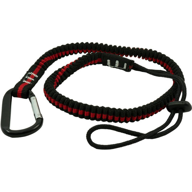 Shock-absorbing tool lanyard with adjustable length, carabineer, and loop for secure height safety and tool retention.