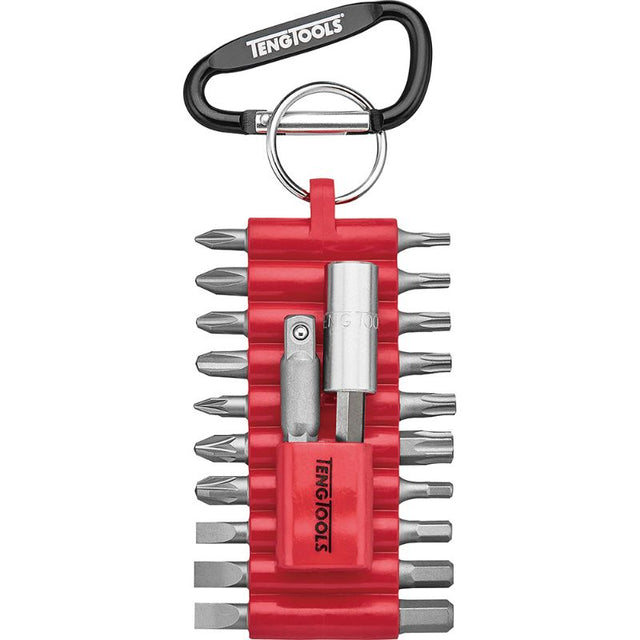 Teng Hook On Bits Set 22pc featuring 20 assorted bits, magnetic holder, and adaptor, organized in a portable clips holder.