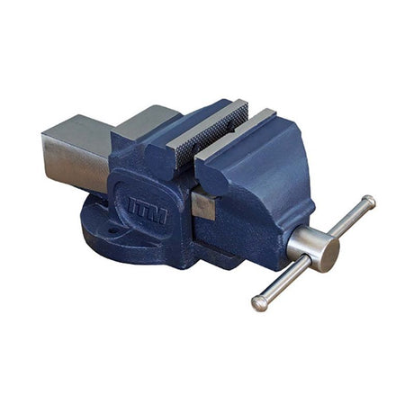Trademaster 150mm bench vice in robust cast iron, featuring hardened steel jaws and integrated anvil for versatile projects.