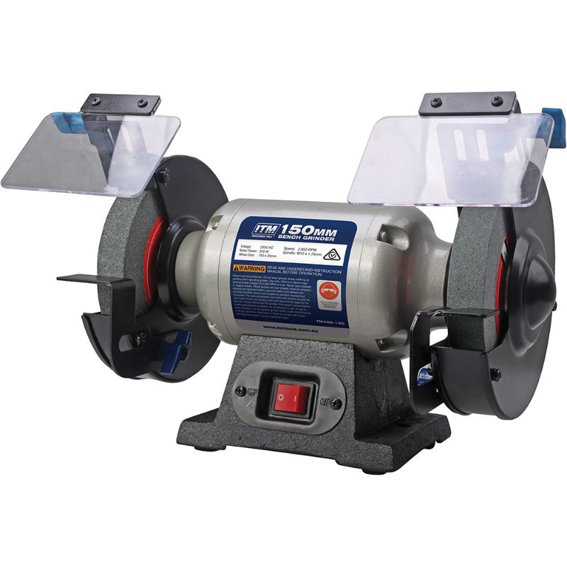 ITM 6in bench grinder with a powerful motor, adjustable tool rests, and eye shields for safe, precise grinding and sharpening.