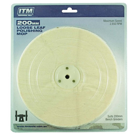 ITM Polishing Mop 50 Fold 200 x 25mm, ideal for achieving a mirror finish on metals with durable loose leaf design.