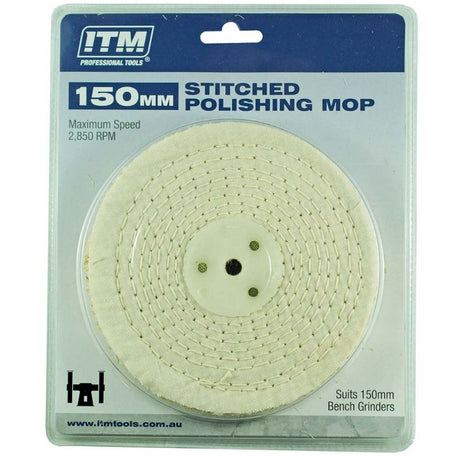 ITM Polishing Mop 150 x 25mm with 50-fold stitching, ideal for achieving high-gloss finishes on metals, plastics, and wood.