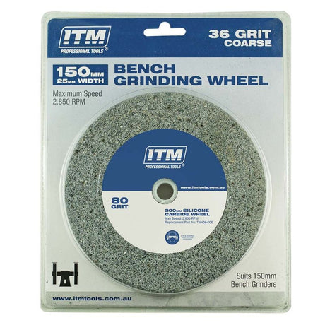 ITM Grinding Wheel 150 x 25mm, 36 grit coarse, made of aluminium oxide for efficient metal removal, with multi-bore bush compatibility.