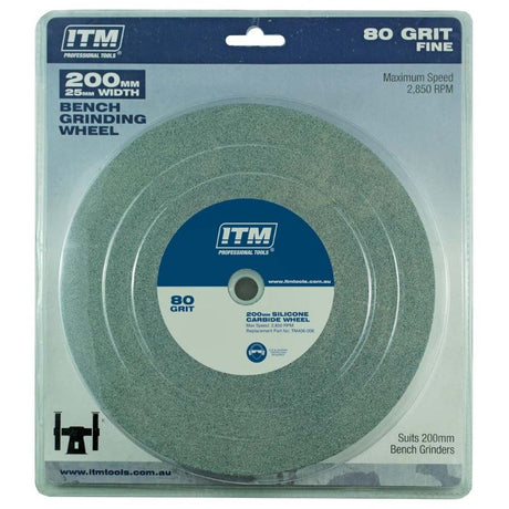 ITM Grinding Wheel Silicone Carbide, 200x25mm, 80 grit, versatile for sharpening and blending with multi bore compatibility.