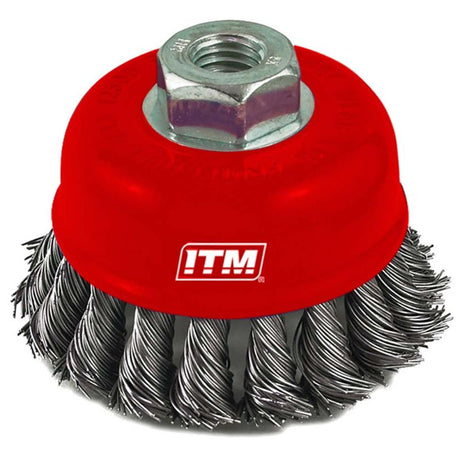 ITM Twist Knot Cup Brush, 65mm stainless steel, designed for rust and paint removal, compatible with multiple power tools.