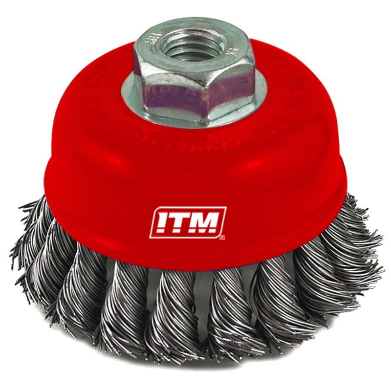 ITM Twist Knot Cup Brush 75mm, stainless steel, designed for heavy-duty cleaning and surface prep, compatible with various power tools.