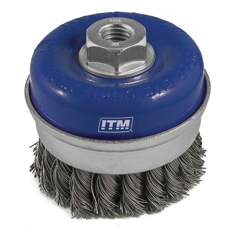 ITM Twist Knot Cup Brush Steel 65mm designed for efficient rust, paint, and debris removal, featuring M14 thread and up to 12,500 RPM.