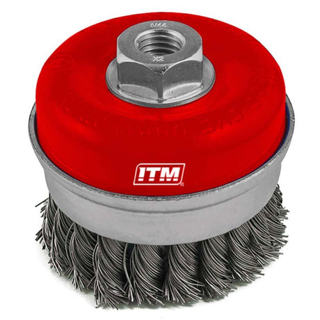 ITM Twist Knot Cup Brush, 75mm stainless steel, ideal for heavy-duty cleaning, weld removal, rust cleaning, max RPM 8,500.