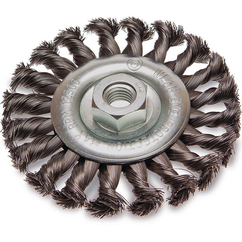 ITM Twist Knot Wheel Brush made of stainless steel, 125mm diameter, ideal for heavy-duty cleaning and surface preparation.