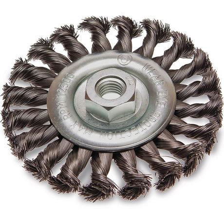 Steel wire twist knot wheel brush, 125mm diameter, for effective surface cleaning and rust removal with high RPM performance.