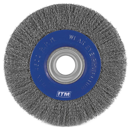 ITM Crimp Wire Wheel Brush Steel 150 x 19mm for efficient surface cleaning, rust removal, and metal preparation with 6,000 RPM.