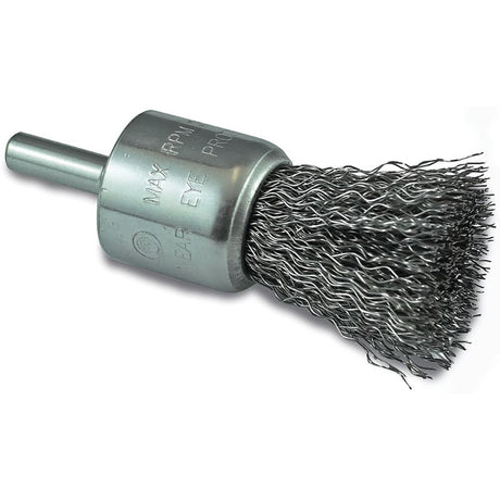 ITM Crimp Wire End Brush HSS 19mm with steel wire for cleaning surfaces, 1/4" shank, 20,000 RPM performance for precision tasks.